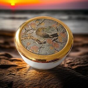 Art of Chokin Trinket Dish Jewelry Box Etched Birds Floral Gold MCM Romantic